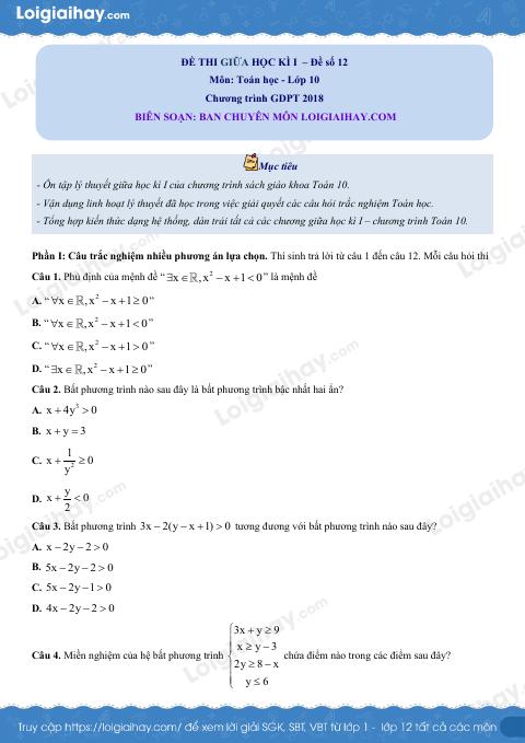 Đề thi giữa kì 1 Toán 10 - Đề số 12